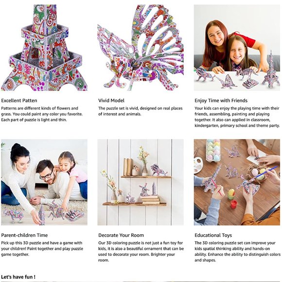 Max Fun 2x10 Pack 3D Coloring Puzzles Set for Kids with 36 Coloring Pen Markers - Picture 3 of 3